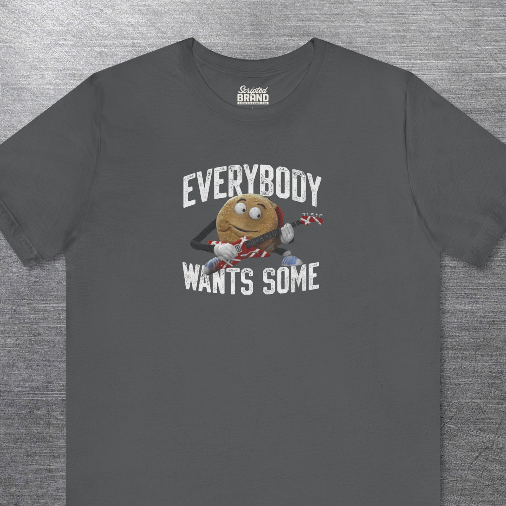 Asphalt Gray Bella Canvas Tee featuring Better Off Dead movie vintage Van Halen guitar Everybody Wants Some graphic with pig burger.