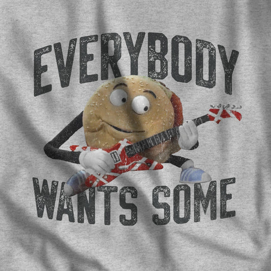 Closeup of Heather Gray Bella Canvas Tee featuring Better Off Dead movie vintage Van Halen guitar Everybody Wants Some graphic with pig burger.