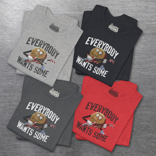 Four folded Bella Canvas Tees featuring Better Off Dead movie vintage Van Halen guitar Everybody Wants Some graphic with pig burger.