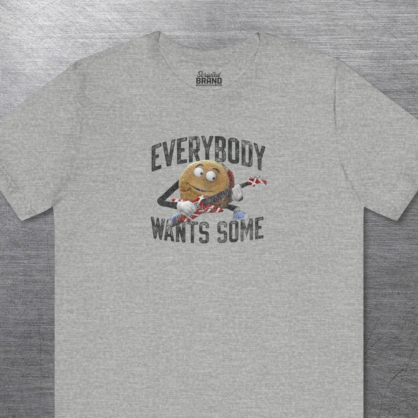 Heather Gray Bella Canvas Tee featuring Better Off Dead movie vintage Van Halen guitar Everybody Wants Some graphic with pig burger.