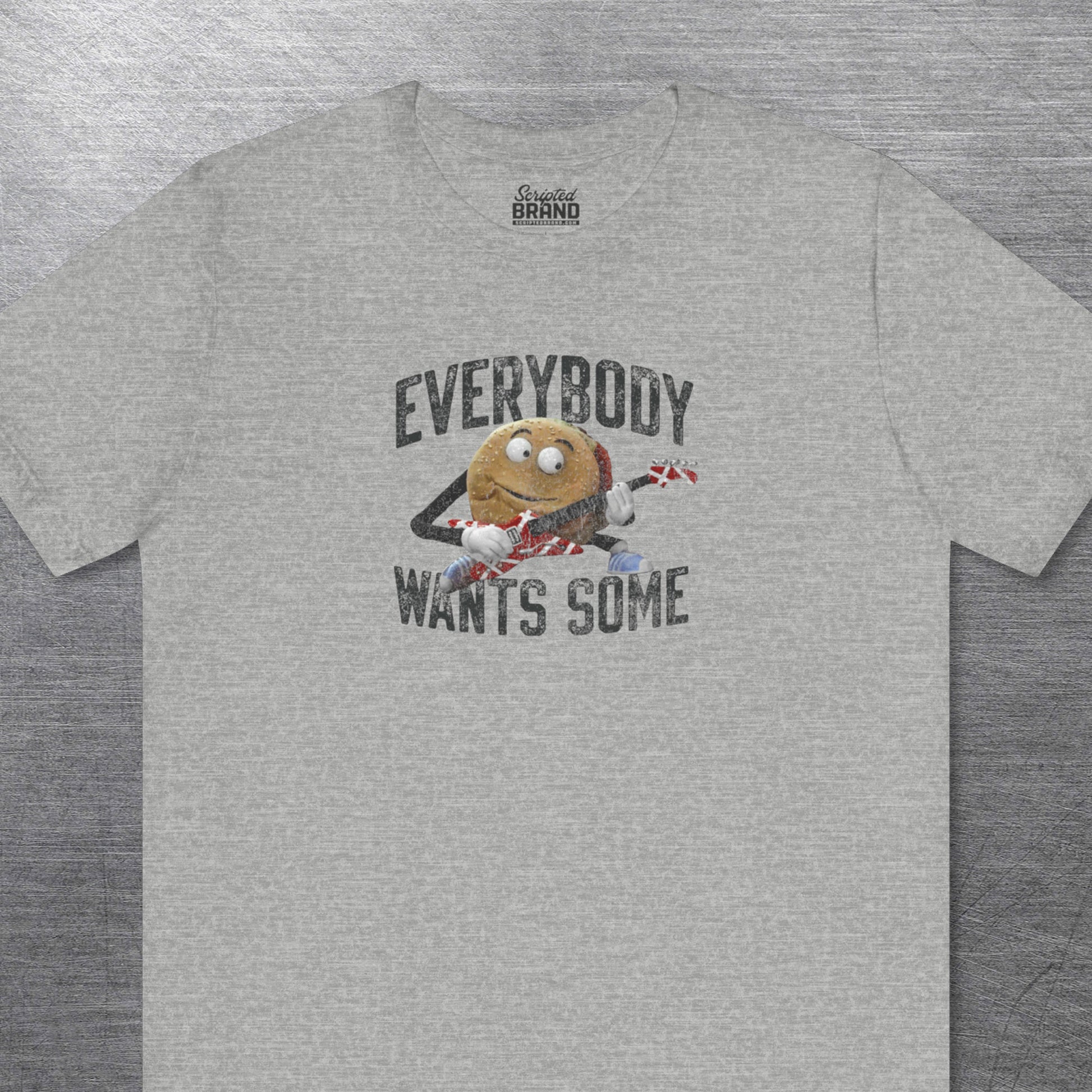 Heather Gray Bella Canvas Tee featuring Better Off Dead movie vintage Van Halen guitar Everybody Wants Some graphic with pig burger.