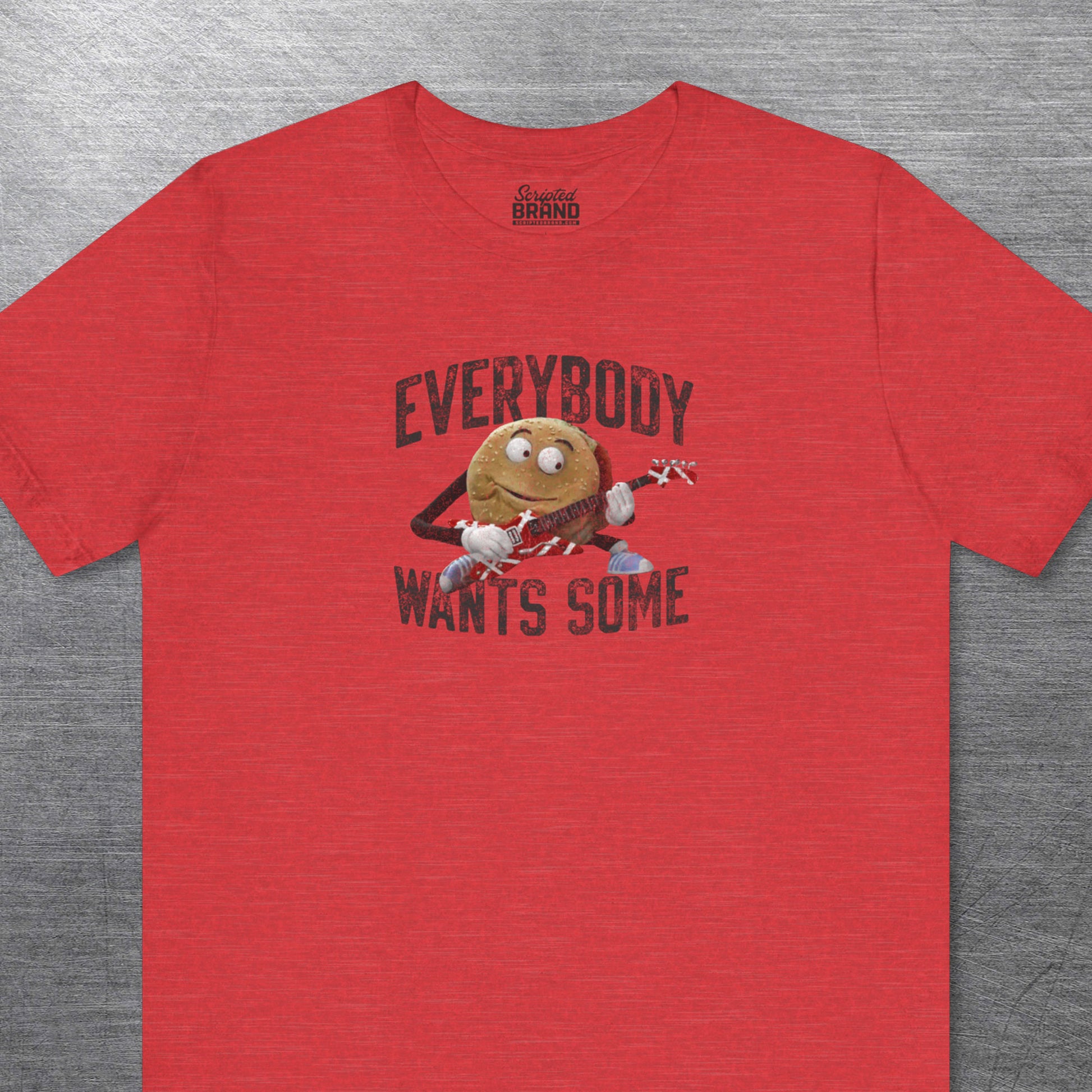Heather Red Bella Canvas Tee featuring Better Off Dead movie vintage Van Halen guitar Everybody Wants Some graphic with pig burger.