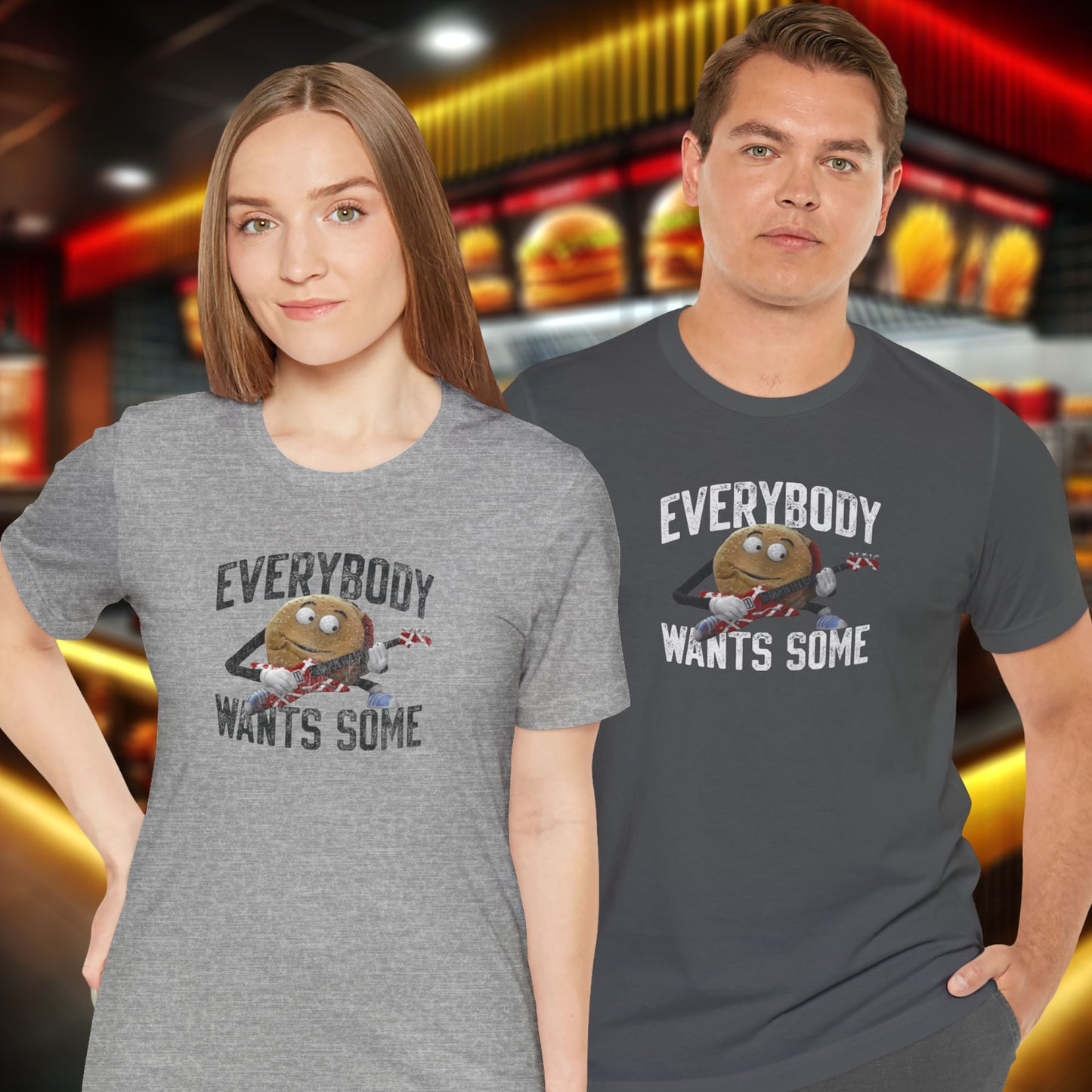 Two people wearing Bella Canvas Tees featuring Better Off Dead movie vintage Van Halen guitar Everybody Wants Some graphic with pig burger.