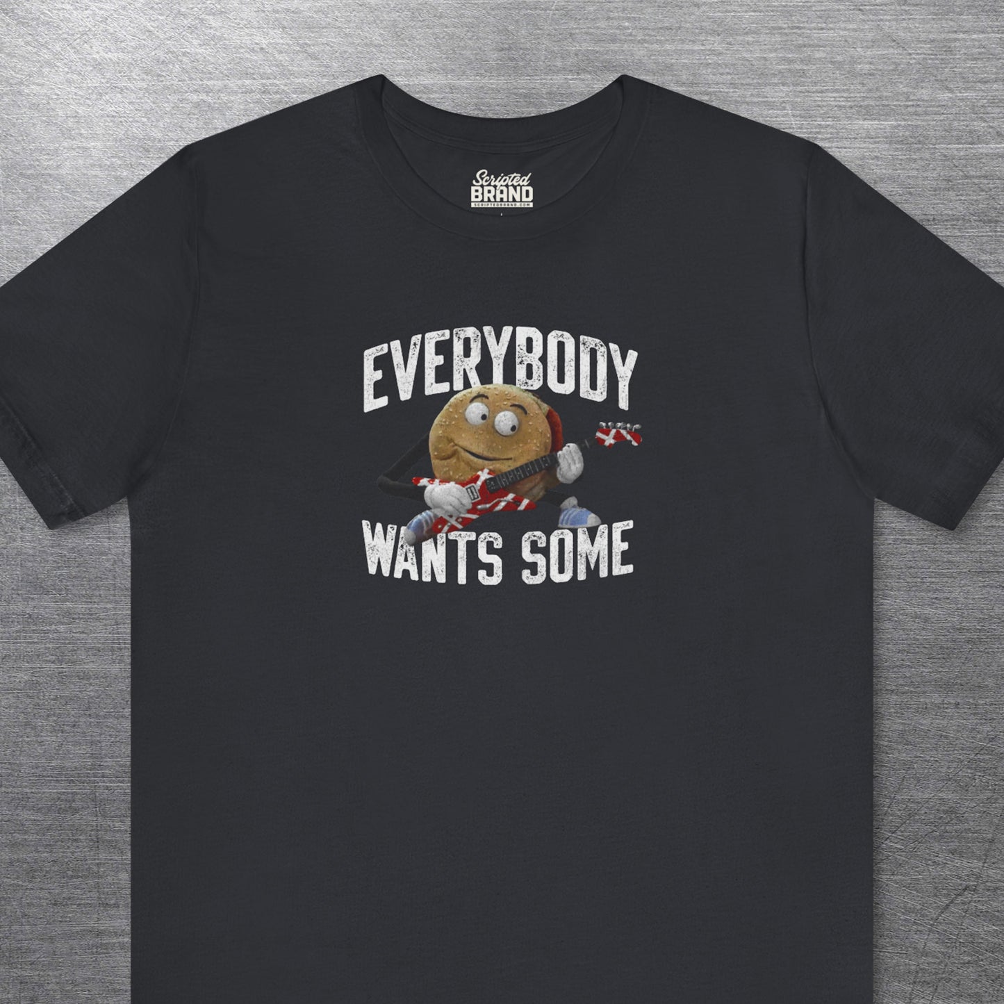 Black Bella Canvas Tee featuring Better Off Dead movie vintage Van Halen guitar Everybody Wants Some graphic with pig burger.