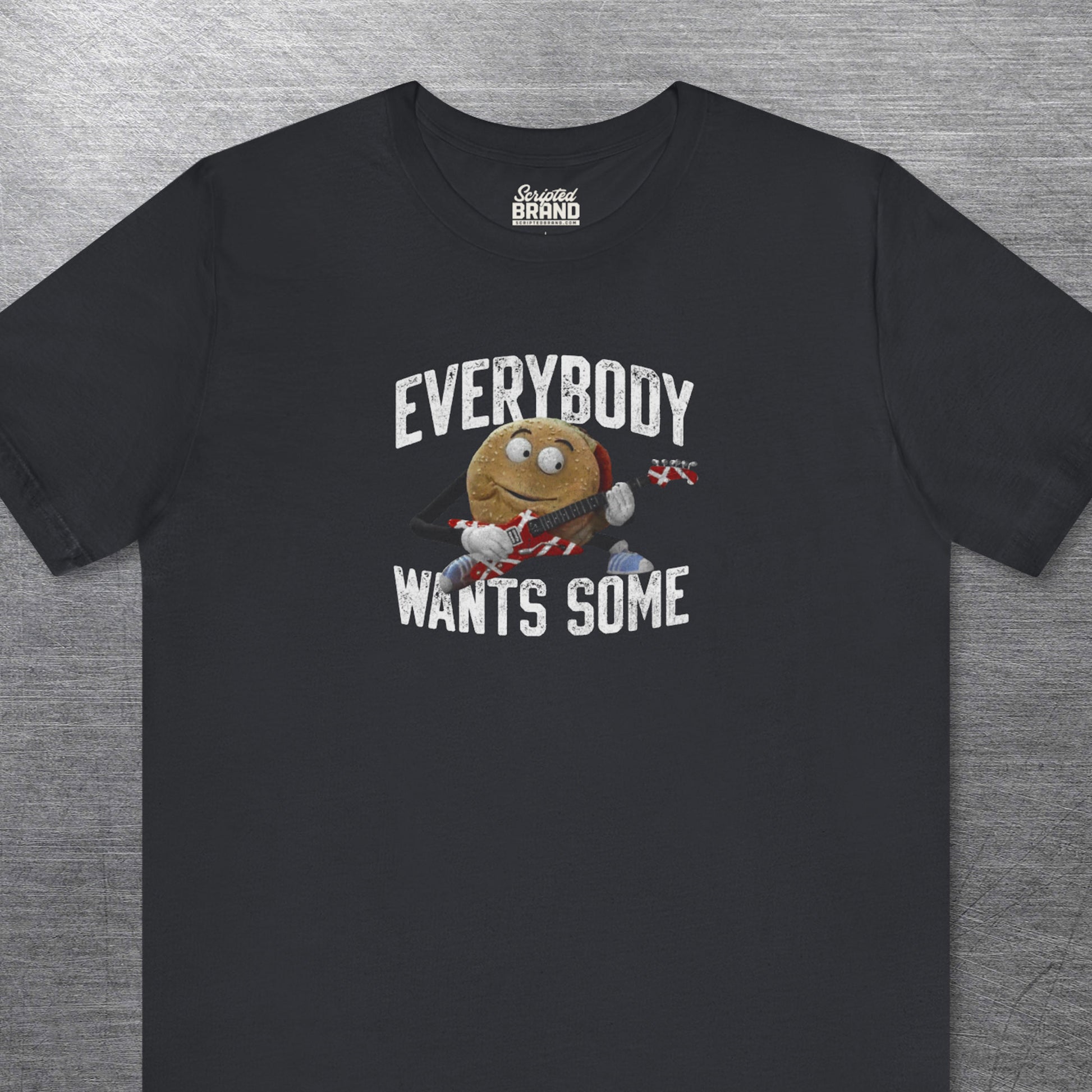 Black Bella Canvas Tee featuring Better Off Dead movie vintage Van Halen guitar Everybody Wants Some graphic with pig burger.