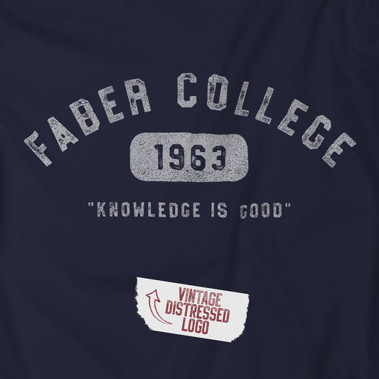 Closeup of navy blue t-shirt with 'Faber College 1963' text and 'Knowledge is Good' slogan from Animal House movie.