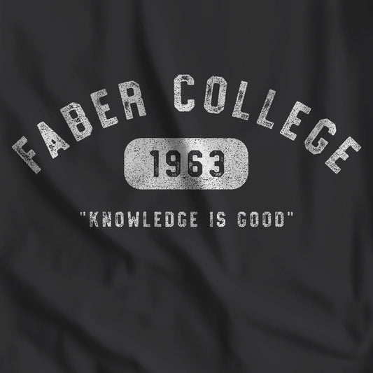 Closeup of black t-shirt with the Faber College logo and Knowledge Is Good from the movie Animal House in a vintage distressed style.