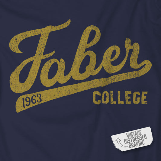 Closeup of Navy Blue t-shirt with Faber College Script logo from the movie Animal House in a vintage distressed style.