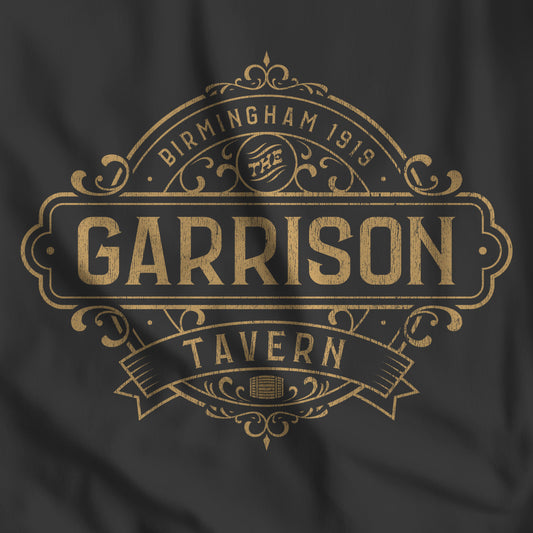 Closeup of a black t-shirt featuring the Garrison Tavern Graphic inspired by the TV show and movie Peaky Blinders.