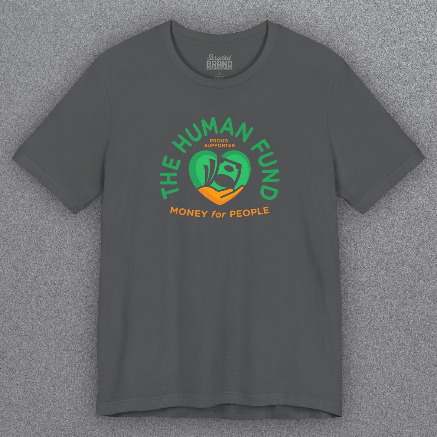 Gray t-shirt with 'The Human Fund' logo on a gray background