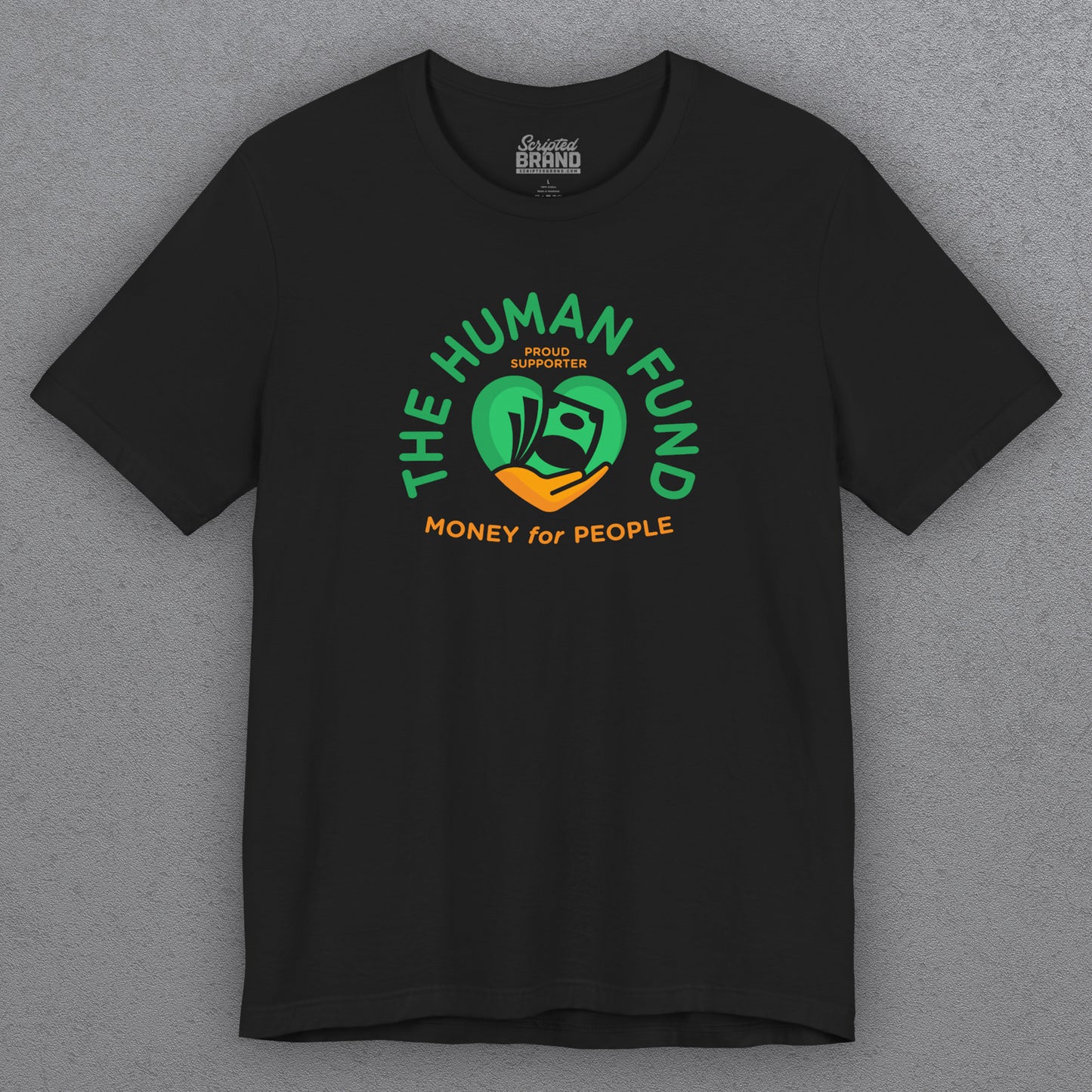 Black t-shirt with 'The Human Fund' logo on a gray background