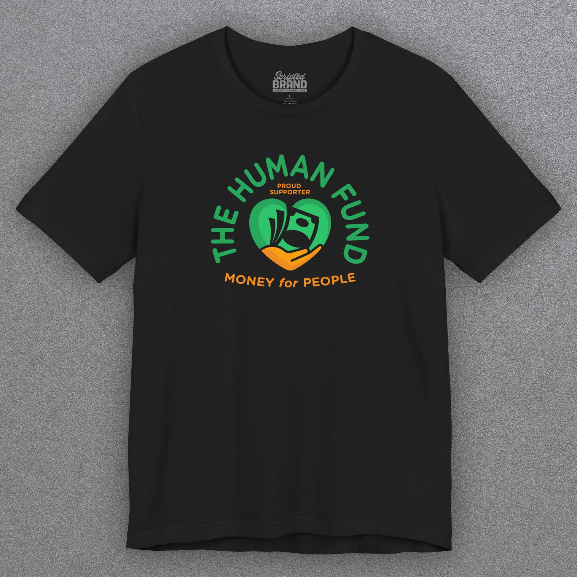 Black t-shirt with 'The Human Fund' logo on a gray background