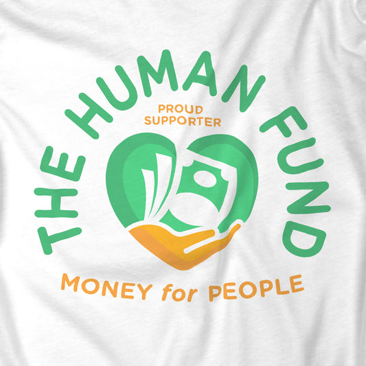 White t-shirt with 'The Human Fund' logo and text on a white background