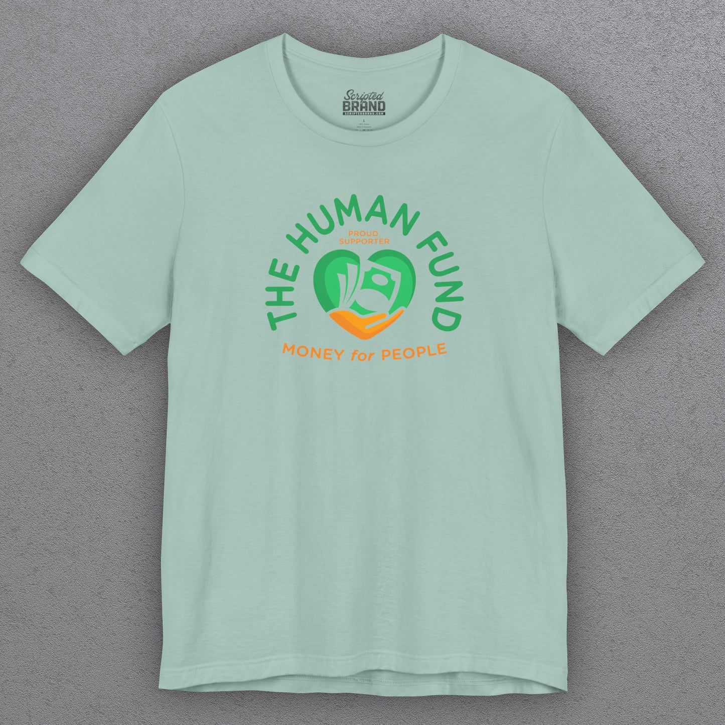 Light green t-shirt with 'The Human Fund' logo on a gray background