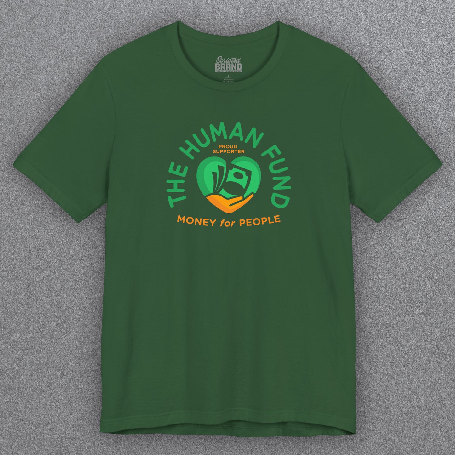 Green t-shirt with 'The Human Fund' logo on a gray background