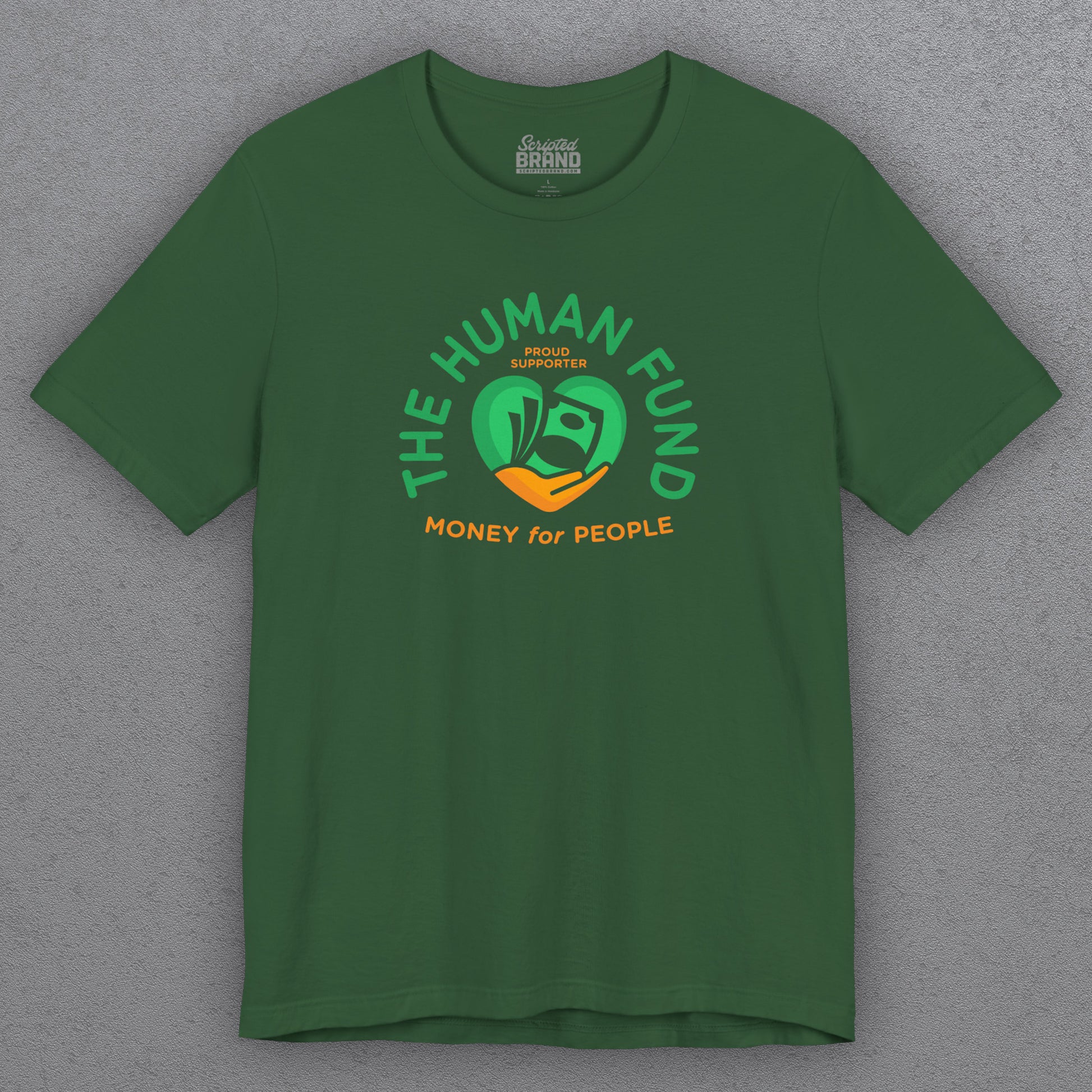 Green t-shirt with 'The Human Fund' logo on a gray background