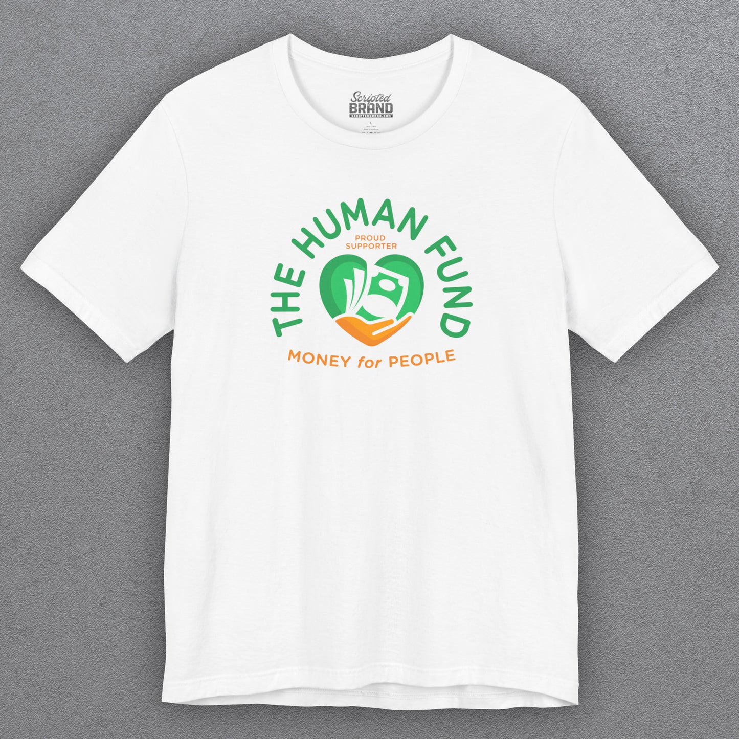 White t-shirt with 'The Human Fund' logo on a gray background