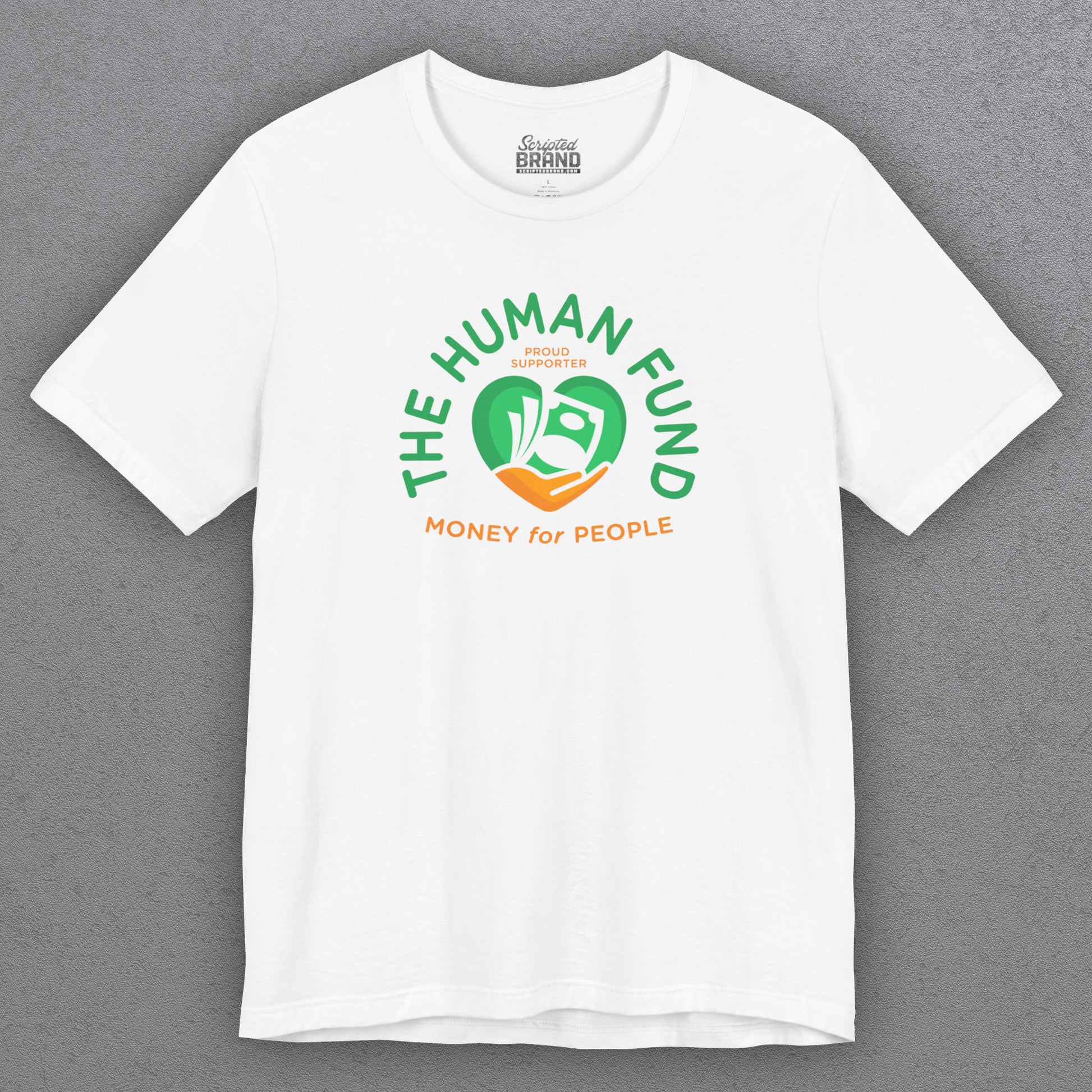 White t-shirt with 'The Human Fund' logo on a gray background