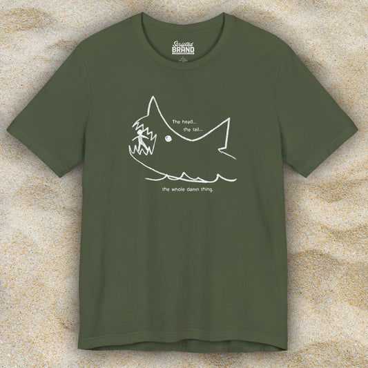 Front view of a Military Green colored soft short-sleeve Bella+Canvas 3001 t-shirt featuring the chalkboard drawing of a shark eating a person, drawn by Quint in the movie Jaws.