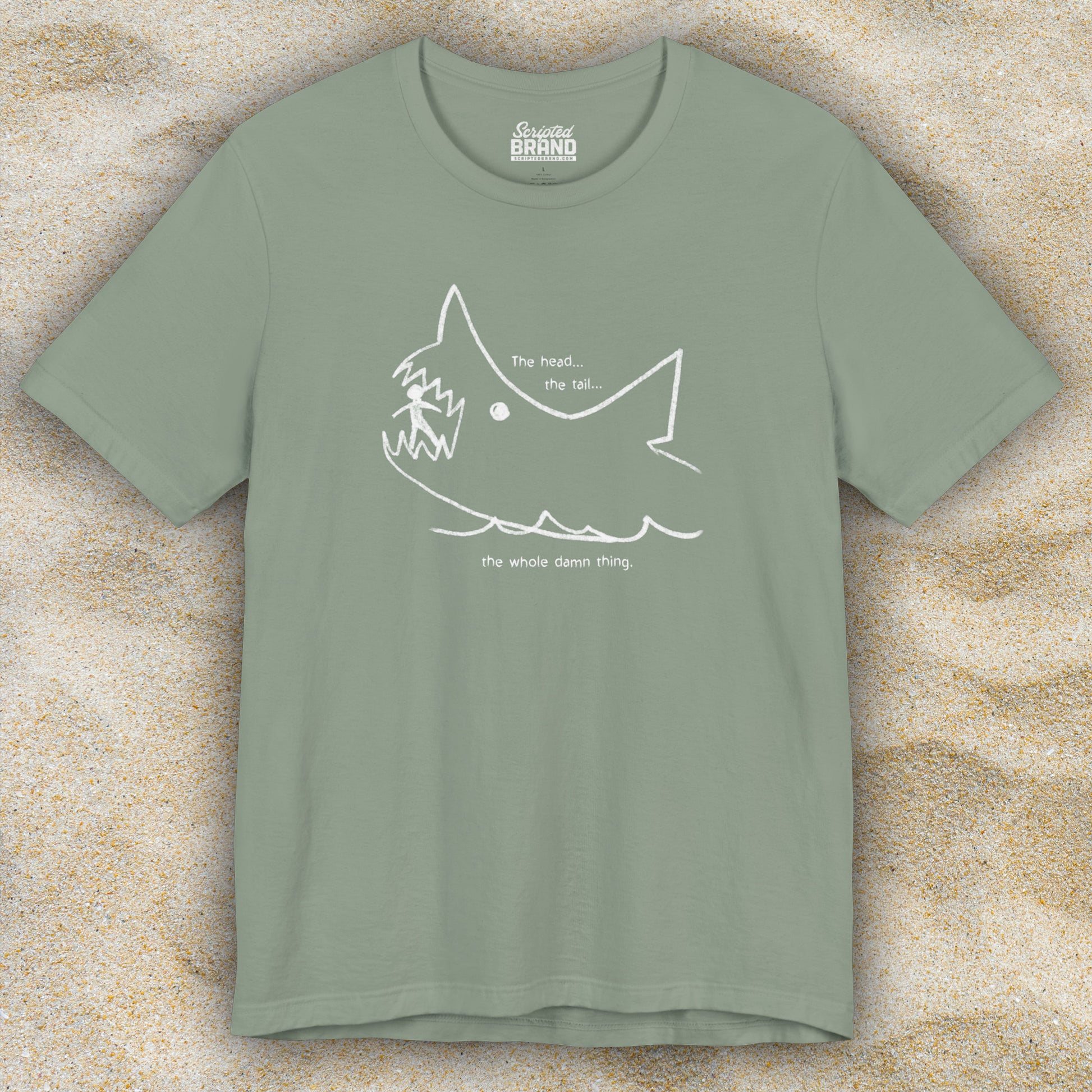 Front view of a sage Green colored soft short-sleeve Bella+Canvas 3001 t-shirt featuring the chalkboard drawing of a shark eating a person, drawn by Quint in the movie Jaws.