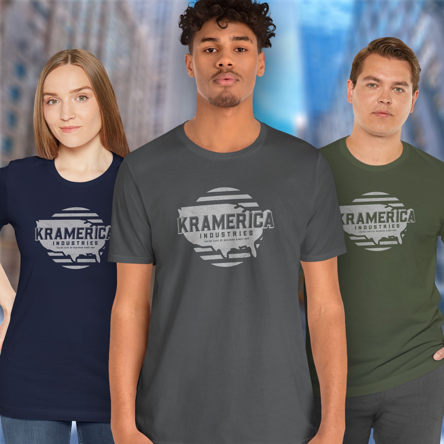 3 models wearing t-shirts featuring a Kramerica logo graphic inspired by the TV show Seinfeld in a vintage distressed style.