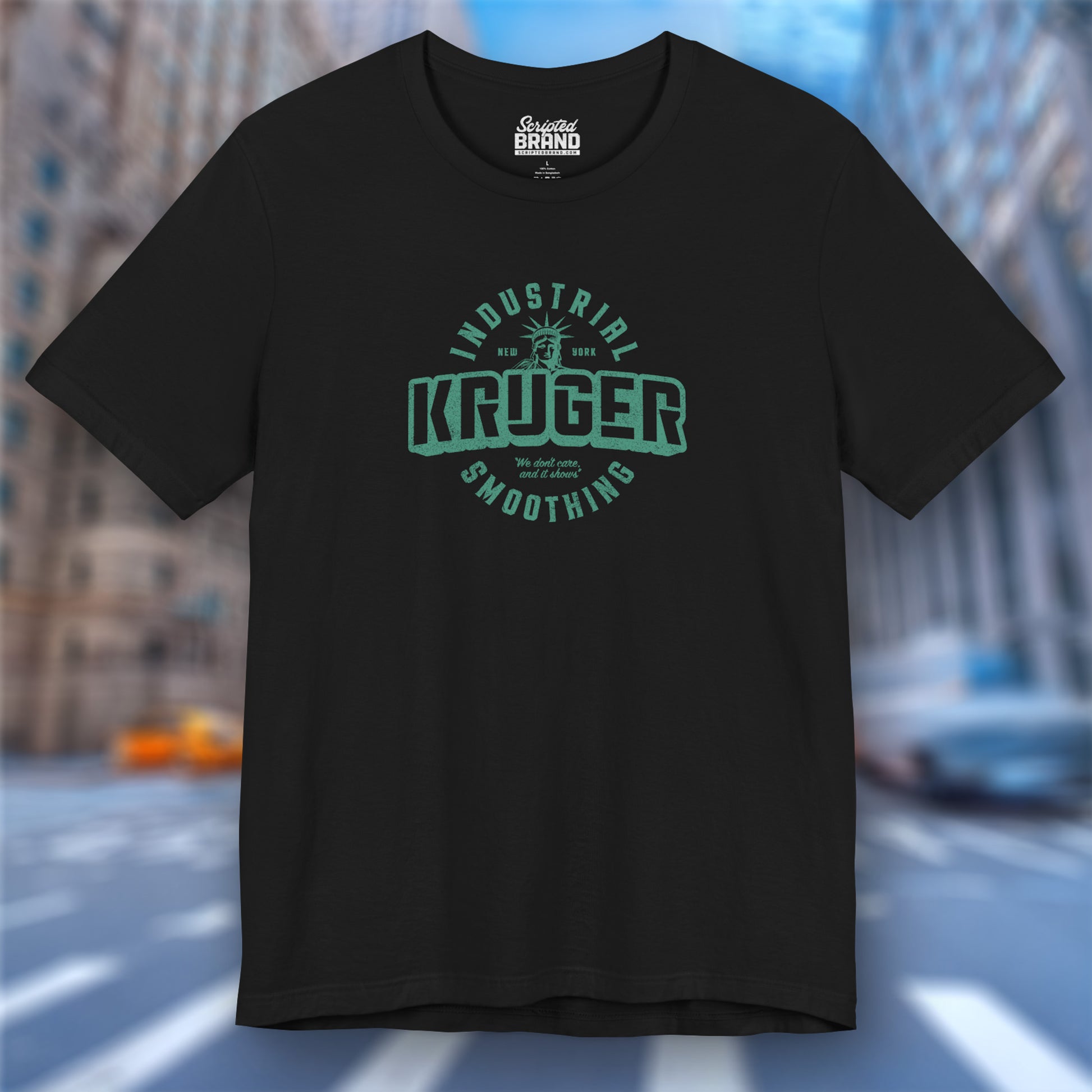 Front view of a black colored Soft unisex Bella+Canvas 3001 short-sleeve t-shirt featuring a Kruger Industrial Smoothing logo graphic in a vintage distressed style, designed by ScriptedBrand, and  inspired by the TV show Seinfeld.