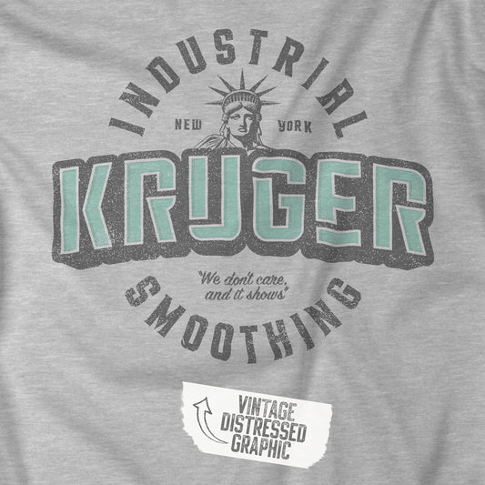 Closeup of an athletic heather grey colored Soft unisex Bella+Canvas 3001 short-sleeve t-shirt featuring a Kruger Industrial Smoothing logo graphic in a vintage distressed style, designed by ScriptedBrand, and  inspired by the TV show Seinfeld.