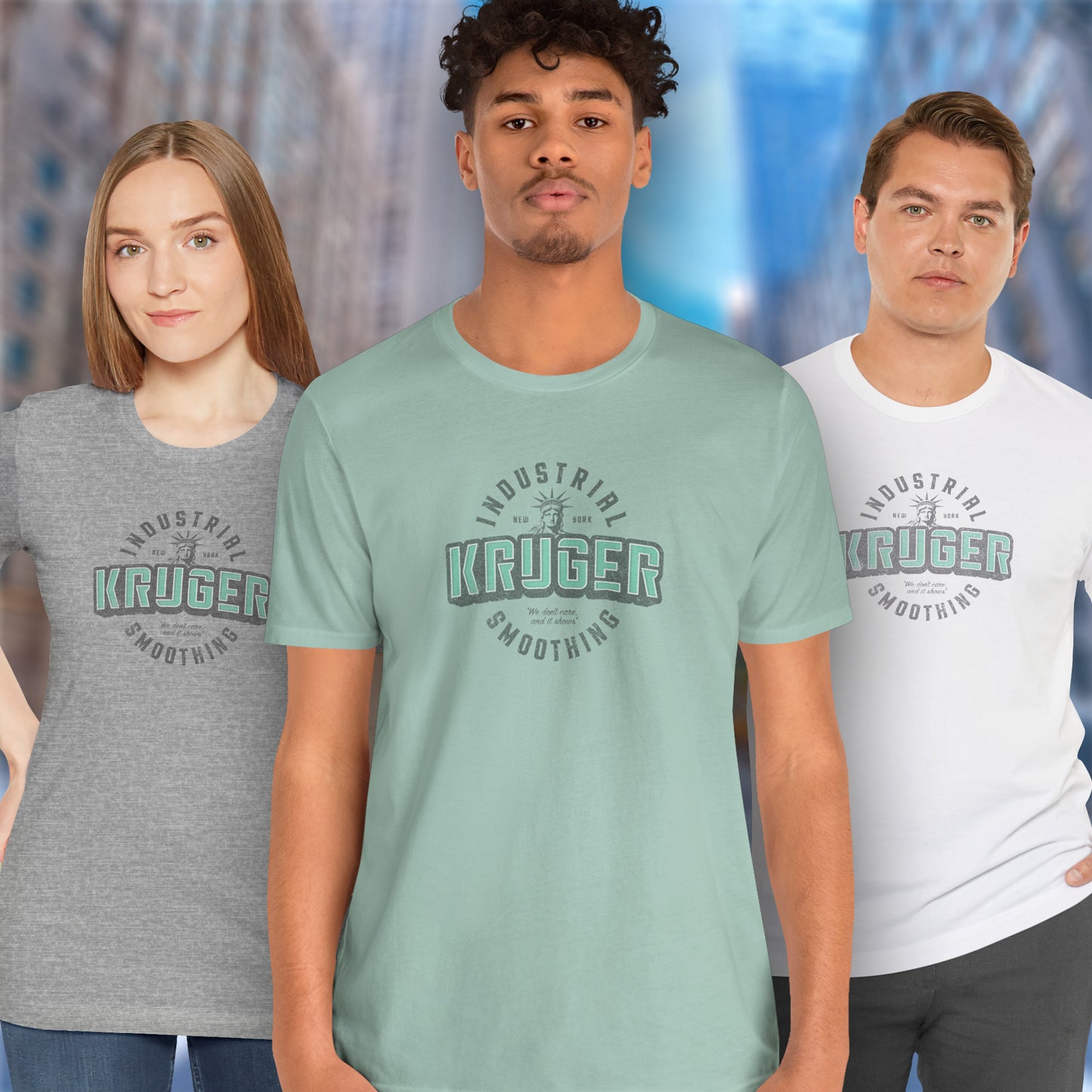 3 models wearing Soft unisex Bella+Canvas 3001 short-sleeve t-shirts featuring a Kruger Industrial Smoothing logo graphic in a vintage distressed style, designed by ScriptedBrand, and  inspired by the TV show Seinfeld.
