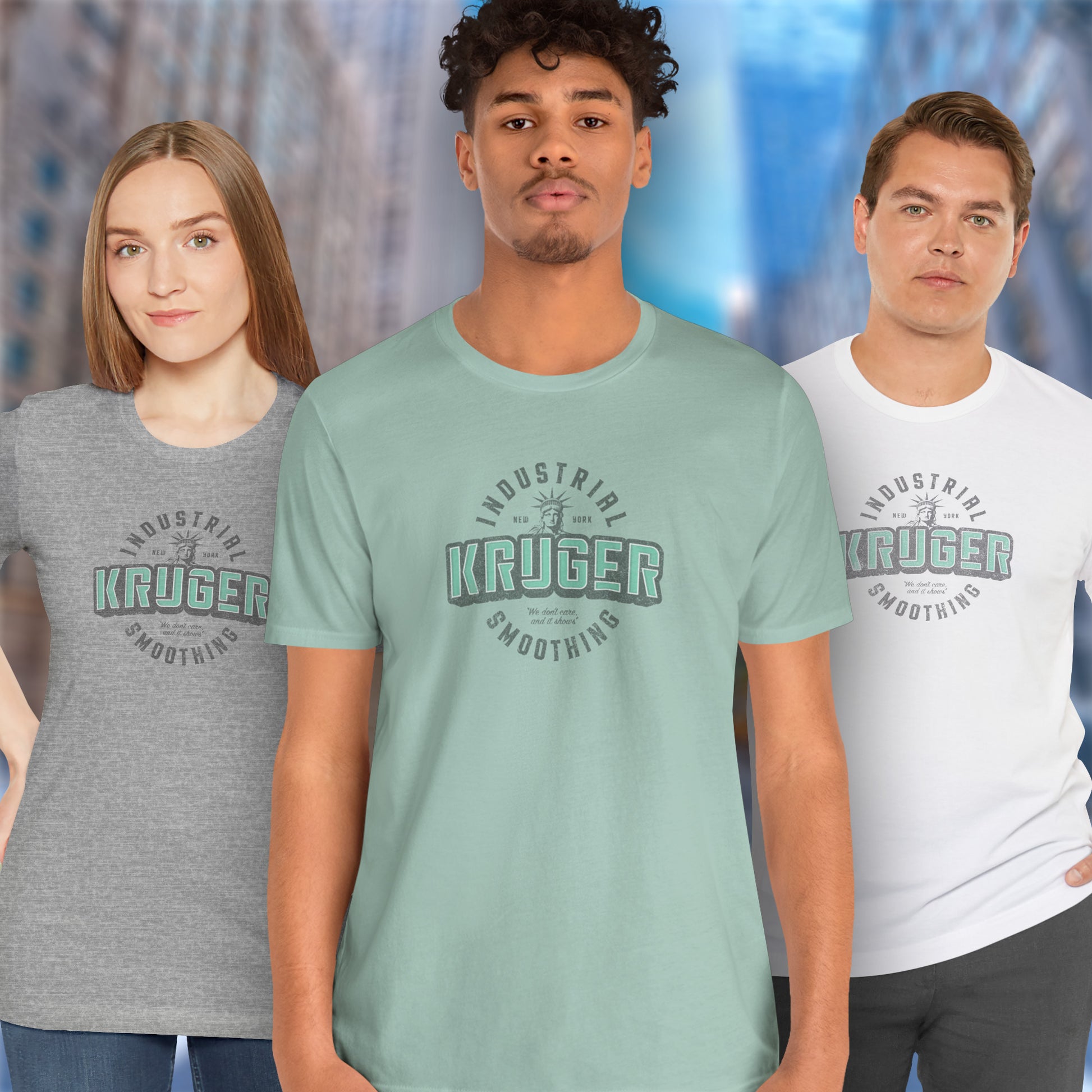 3 models wearing Soft unisex Bella+Canvas 3001 short-sleeve t-shirts featuring a Kruger Industrial Smoothing logo graphic in a vintage distressed style, designed by ScriptedBrand, and  inspired by the TV show Seinfeld.