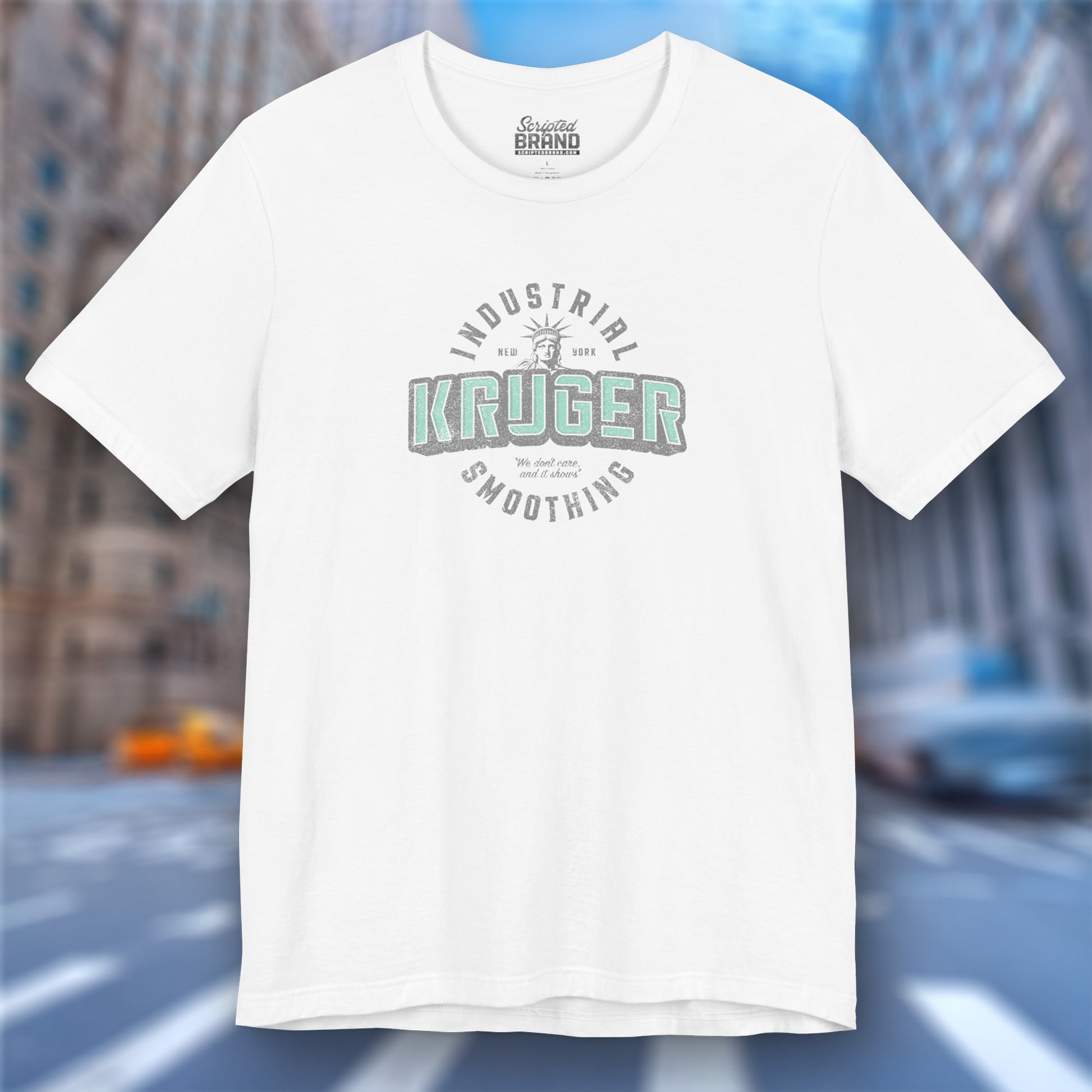 Front view of a white colored Soft unisex Bella+Canvas 3001 short-sleeve t-shirt featuring a Kruger Industrial Smoothing logo graphic in a vintage distressed style, designed by ScriptedBrand, and  inspired by the TV show Seinfeld.