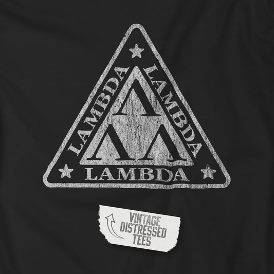 Closeup view of a black colored Tri-Lam soft Bella+Canvas 3001 short-sleeve t-shirt featuring the logo graphic of the fictional fraternity Lambda Lambda Lambda, inspired by the movie Revenge of the Nerds, printed in a vintage distressed style, sold by ScriptedBrand.