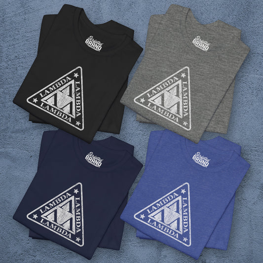 Group of 4 folded Tri-Lam soft Bella+Canvas 3001 short-sleeve t-shirts featuring the logo graphic of the fictional fraternity Lambda Lambda Lambda, inspired by the movie Revenge of the Nerds, printed in a vintage distressed style, sold by ScriptedBrand.
