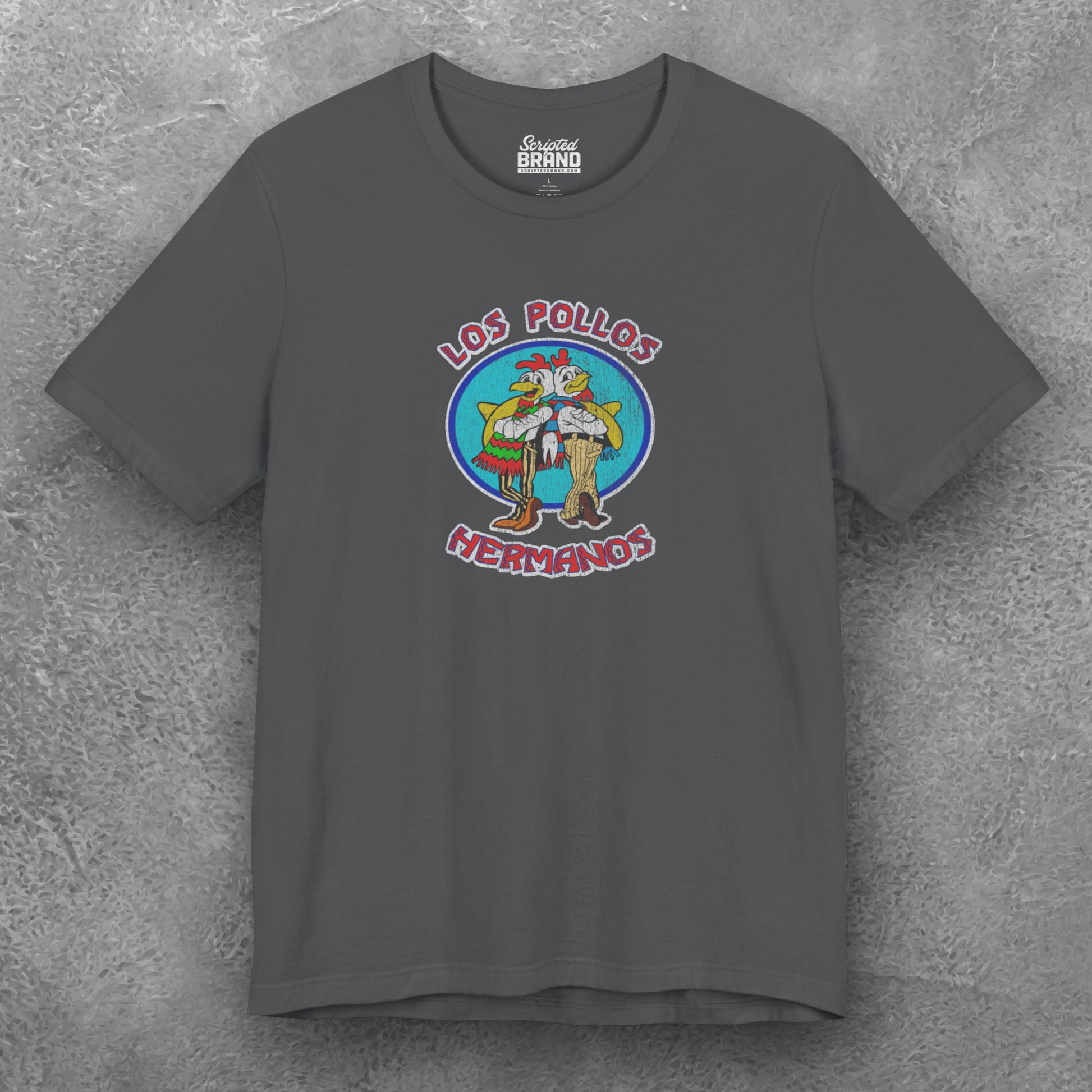 Front view of a asphalt gray Soft short-sleeve Bella+Canvas 3001 t-shirt featuring the Los Pollos Hermanos logo graphic from the TV show Breaking Bad in a vintage distressed style.