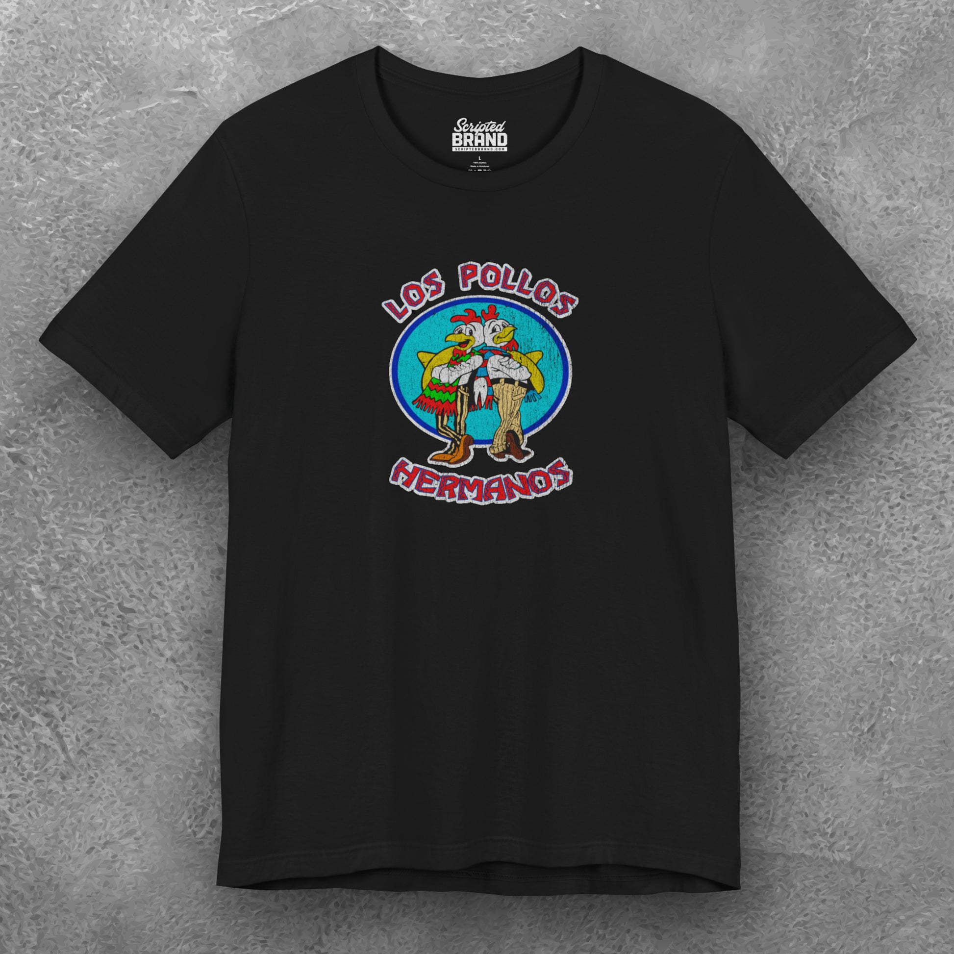 Front view of a black Soft short-sleeve Bella+Canvas 3001 t-shirt featuring the Los Pollos Hermanos logo graphic from the TV show Breaking Bad in a vintage distressed style.