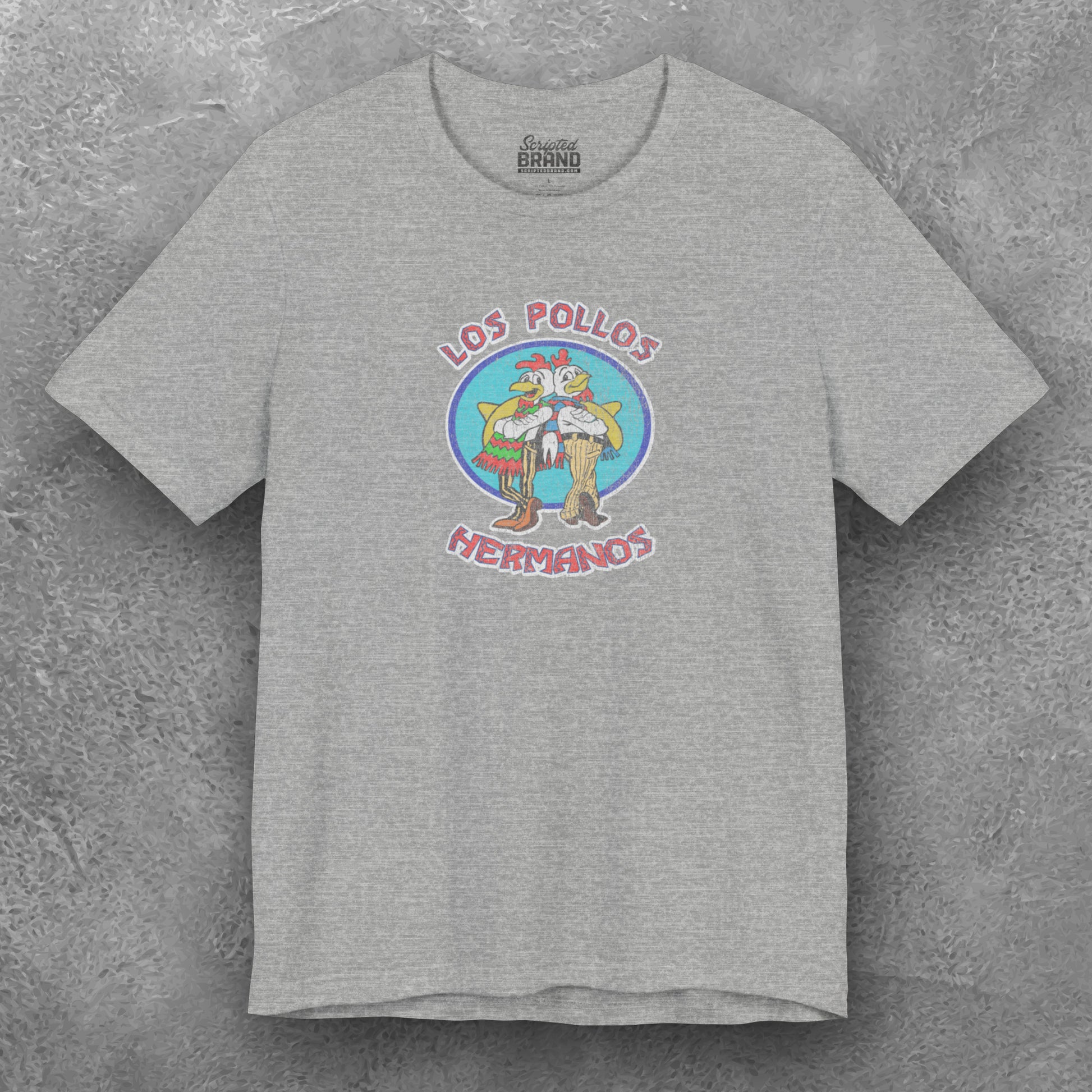 Front view of a athletic heather gray Soft short-sleeve Bella+Canvas 3001 t-shirt featuring the Los Pollos Hermanos logo graphic from the TV show Breaking Bad in a vintage distressed style.