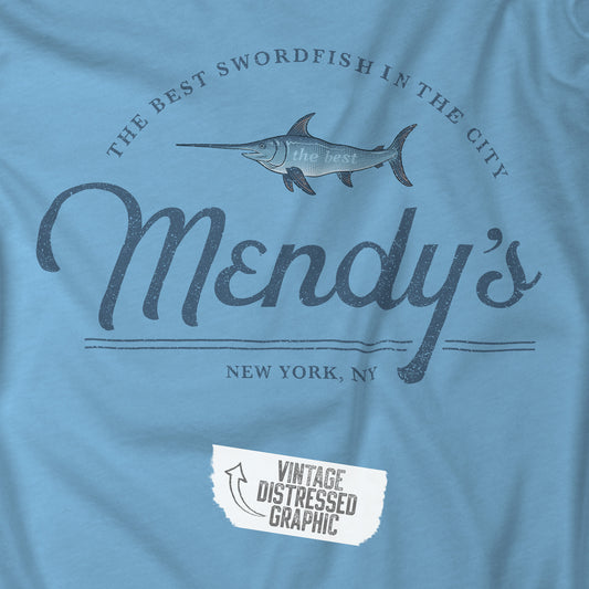 Closeup view of an ocean blue colored soft unisex Bella+Canvas 3001 short-sleeve t-shirt featuring a unique Mendy's Restaurant logo graphic, designed by ScriptedBrand in a vintage distressed style, and inspired by the TV show Seinfeld.
