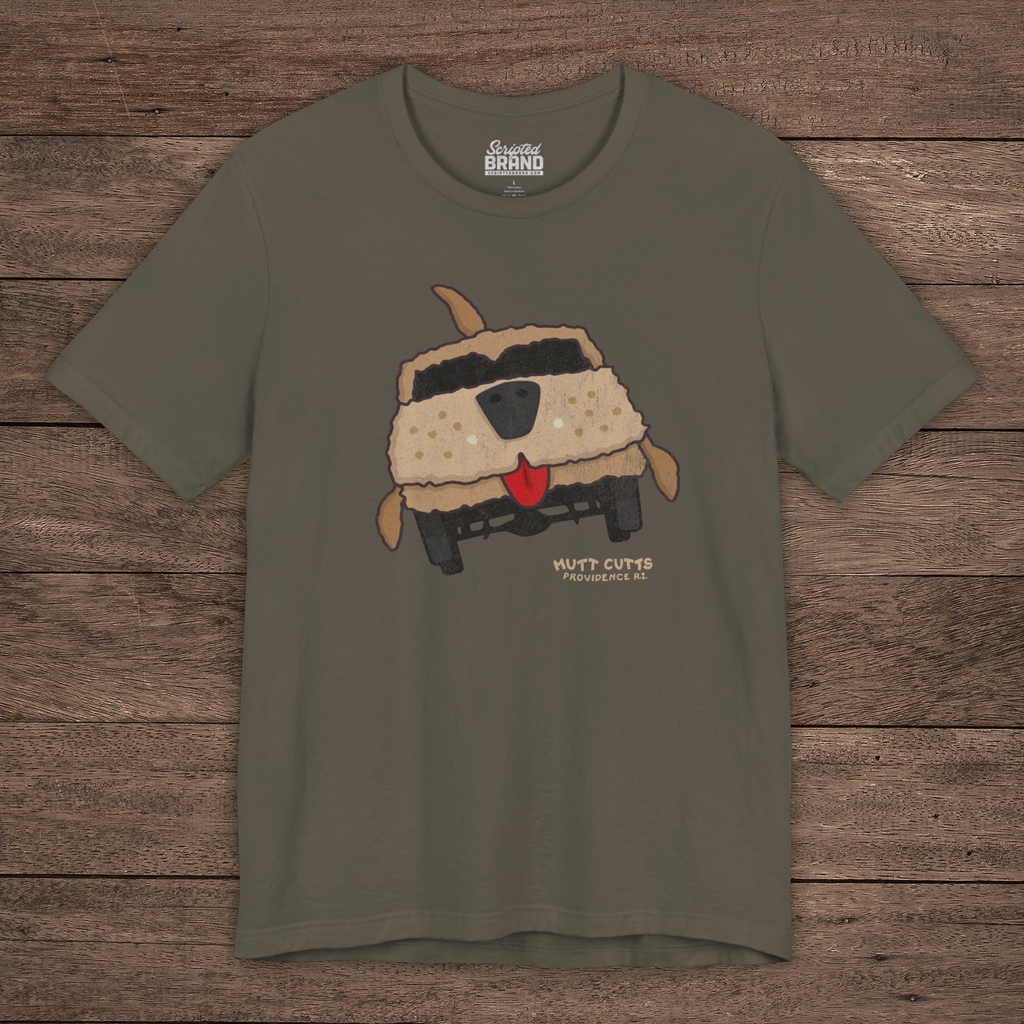 Army Bella+Canvas tee with vintage Mutt Cutts dog van graphic inspired by Dumb and Dumber movie.