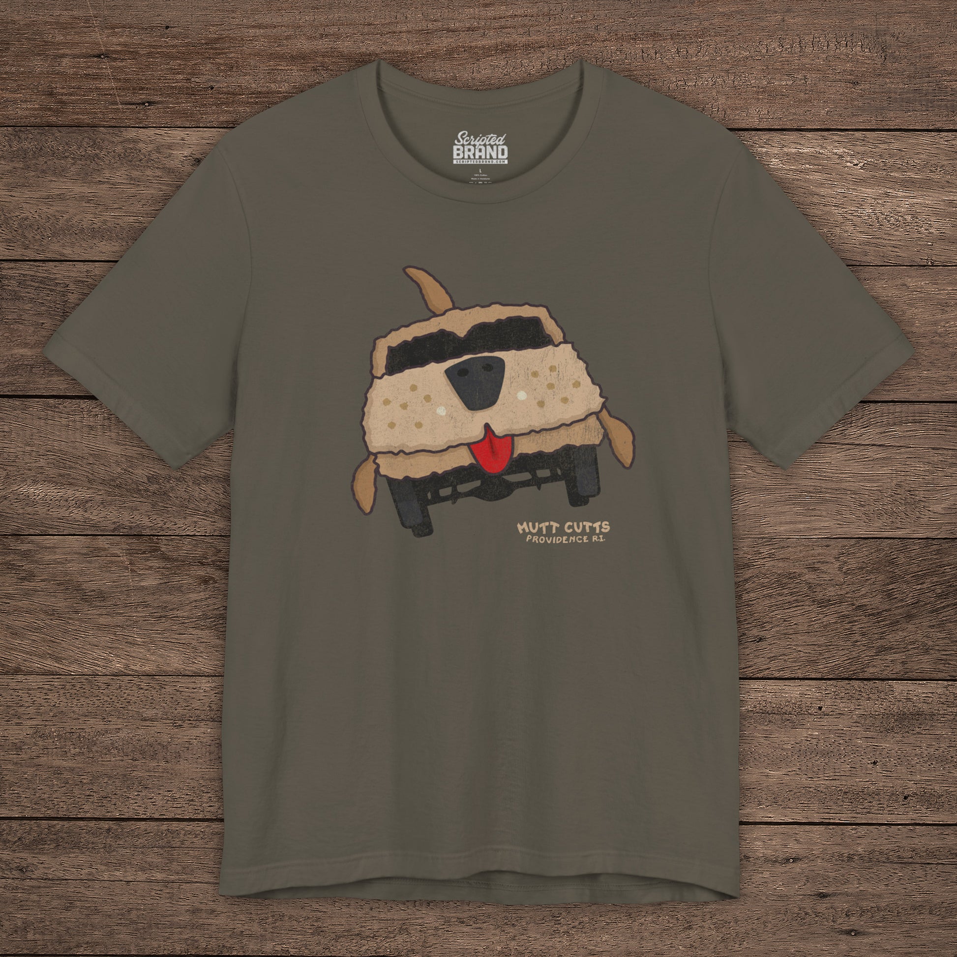 Army Bella+Canvas tee with vintage Mutt Cutts dog van graphic inspired by Dumb and Dumber movie.