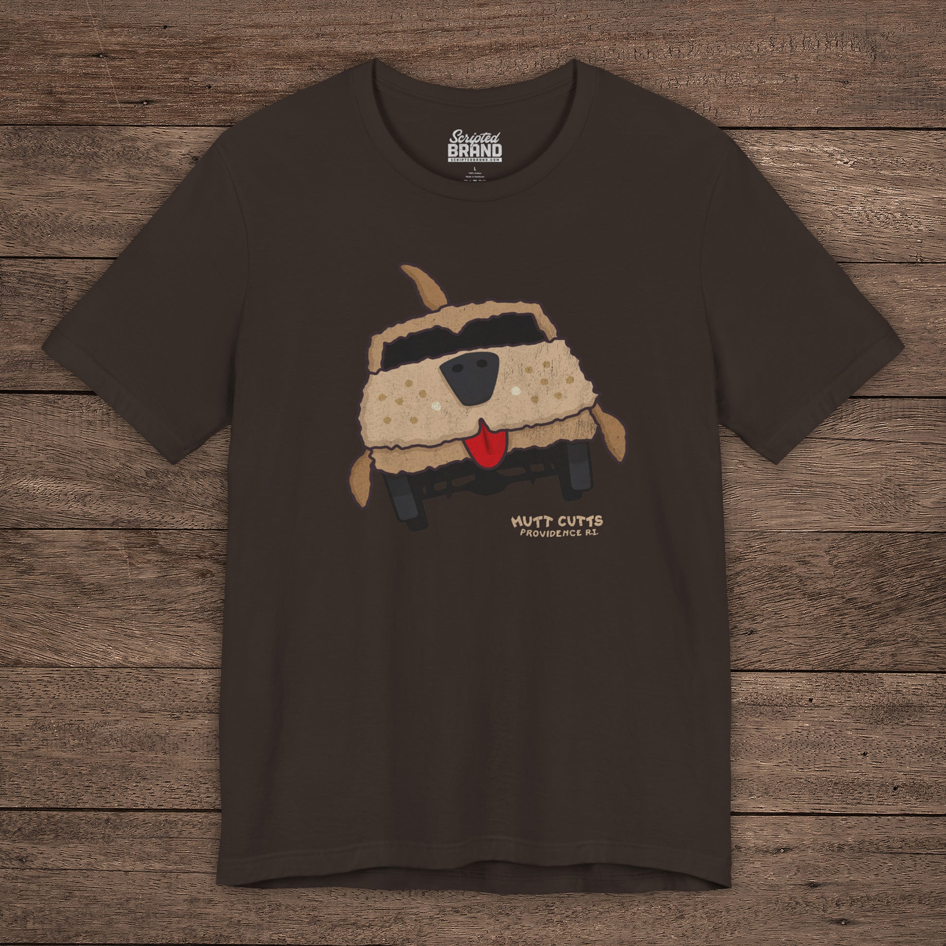 Brown Bella+Canvas tee with vintage Mutt Cutts dog van graphic inspired by Dumb and Dumber movie.