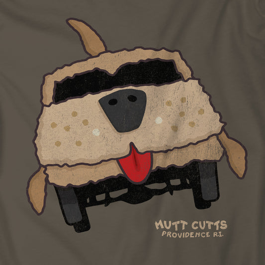 Closeup of army Bella+Canvas tee with vintage Mutt Cutts dog van graphic inspired by Dumb and Dumber movie.