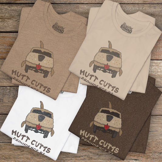 Group of 4 folded Soft unisex Bella+Canvas 3001 short-sleeve t-shirts featuring a Mutt Cutts logo graphic inspired by the movie Dumb and Dumber, illustrated by ScriptedBrand in a vintage distressed style.