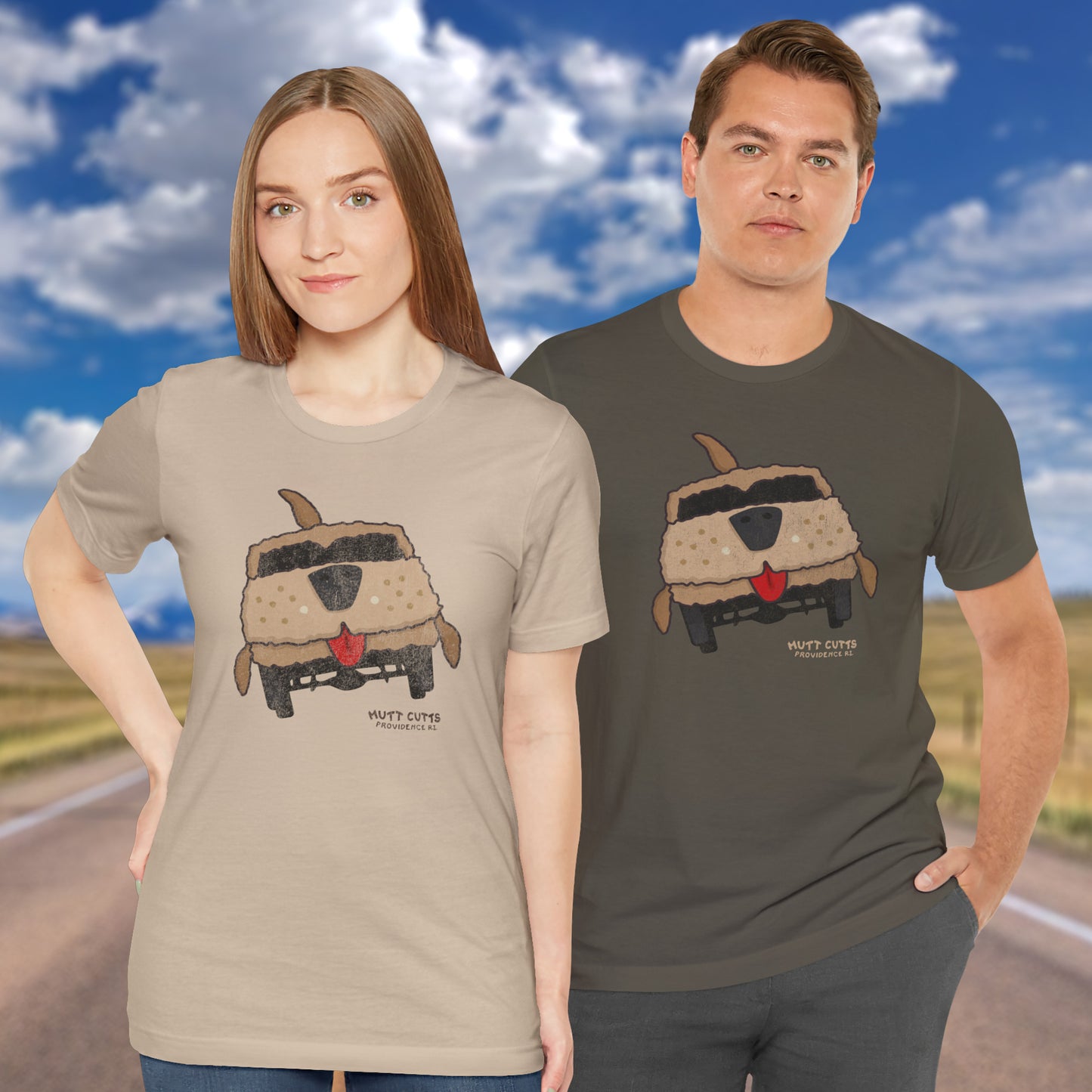 Two people wearing Bella+Canvas tees with vintage Mutt Cutts dog van graphic inspired by Dumb and Dumber movie.