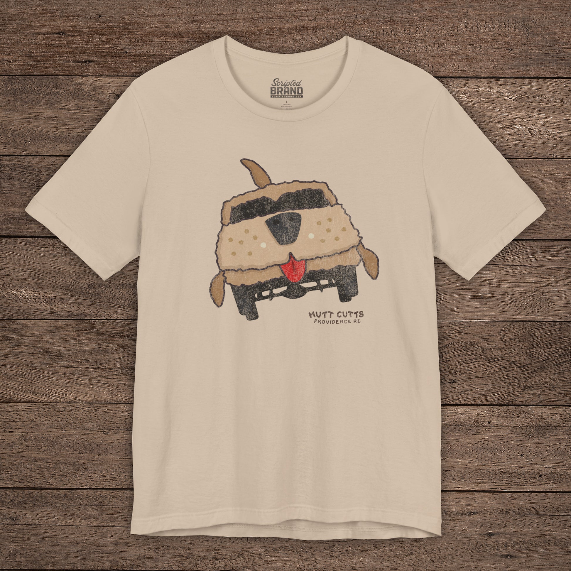 Tan Bella+Canvas tee with vintage Mutt Cutts dog van graphic inspired by Dumb and Dumber movie.