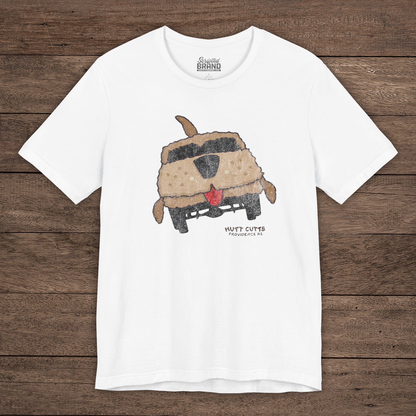 White Bella+Canvas tee with vintage Mutt Cutts dog van graphic inspired by Dumb and Dumber movie.