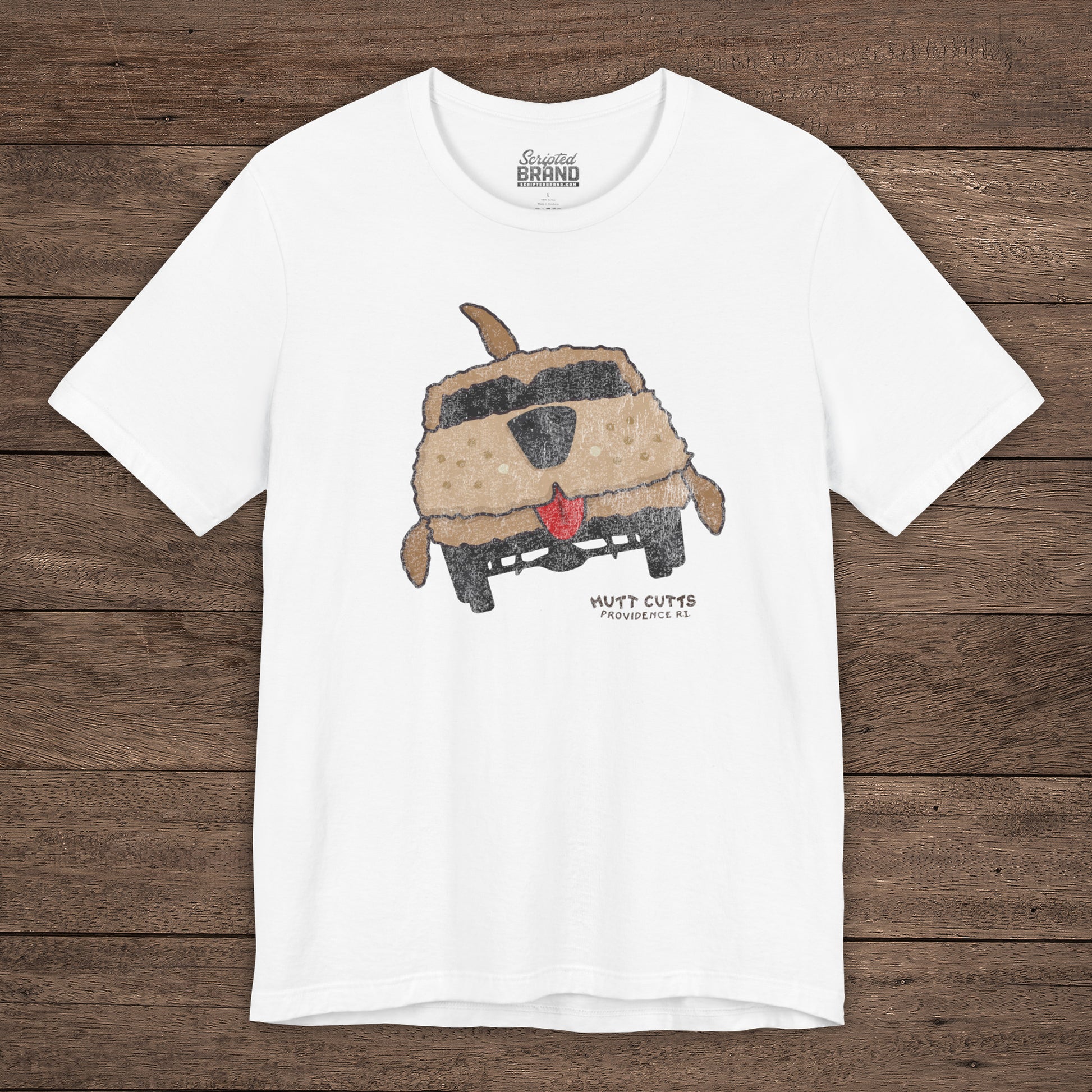 White Bella+Canvas tee with vintage Mutt Cutts dog van graphic inspired by Dumb and Dumber movie.