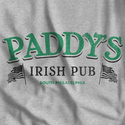 Closeup of Heather Grey t-shirt with vintage Paddy's Pub Irish Bar graphic inspired by the show It’s Always Sunny in Philadelphia