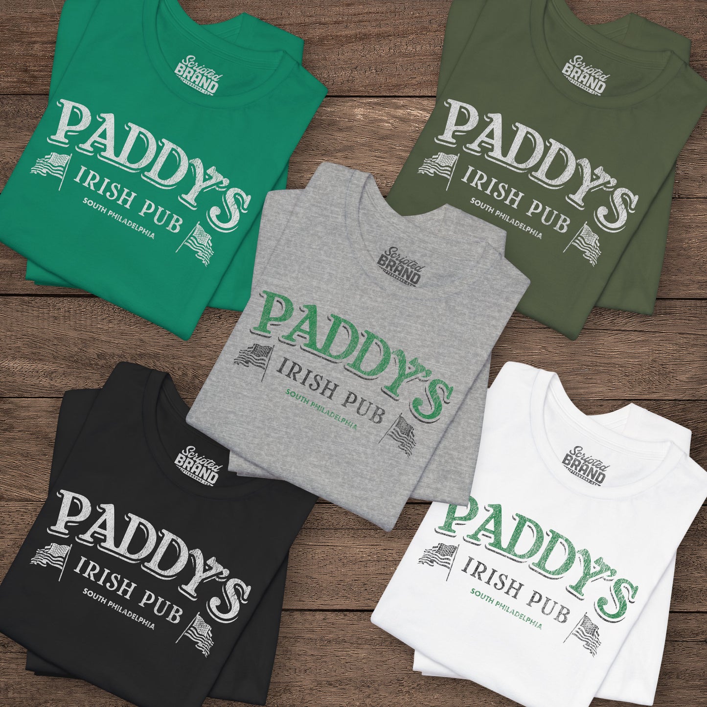 Four folded t-shirts with vintage Paddy's Pub Irish Bar graphic inspired by It’s Always Sunny in Philadelphia.
