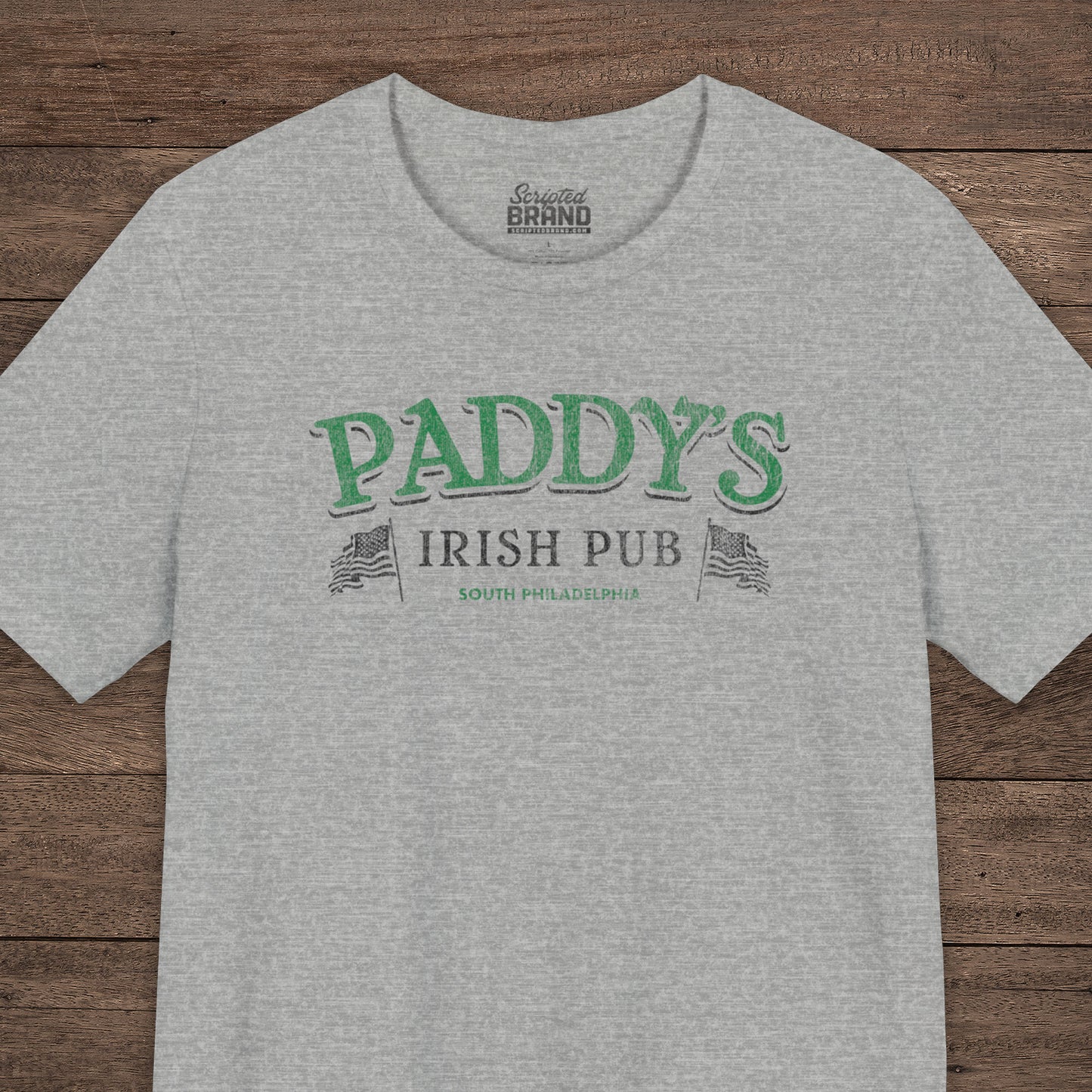 Athletic Heather Gray t-shirt with vintage Paddy's Pub Irish Bar graphic inspired by It’s Always Sunny in Philadelphia.