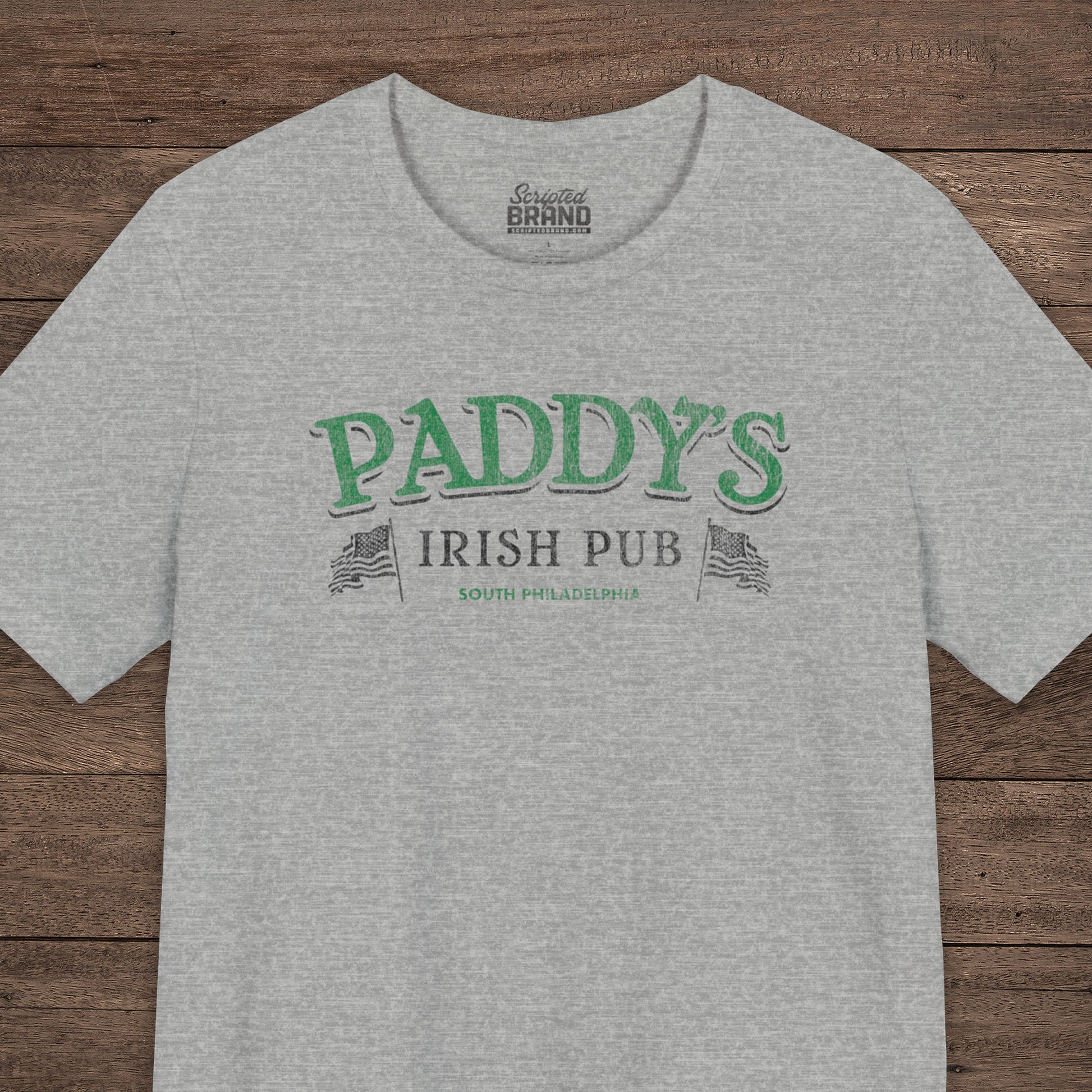 Athletic Heather Gray t-shirt with vintage Paddy's Pub Irish Bar graphic inspired by It’s Always Sunny in Philadelphia.