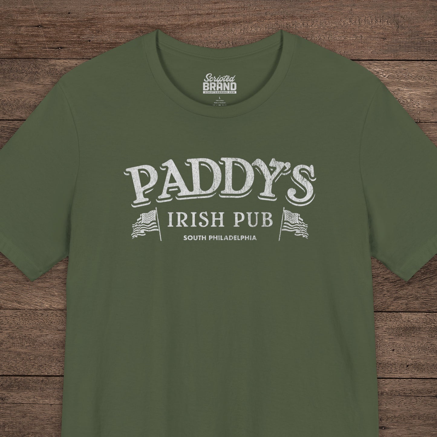Military Green t-shirt with vintage Paddy's Pub Irish Bar graphic inspired by It’s Always Sunny in Philadelphia.